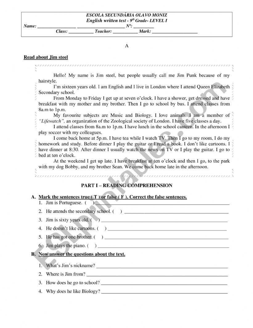 written test worksheet