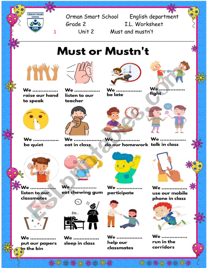 Must and mustn�t  worksheet