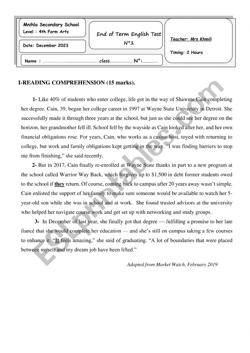 bac end of term exam 1  worksheet