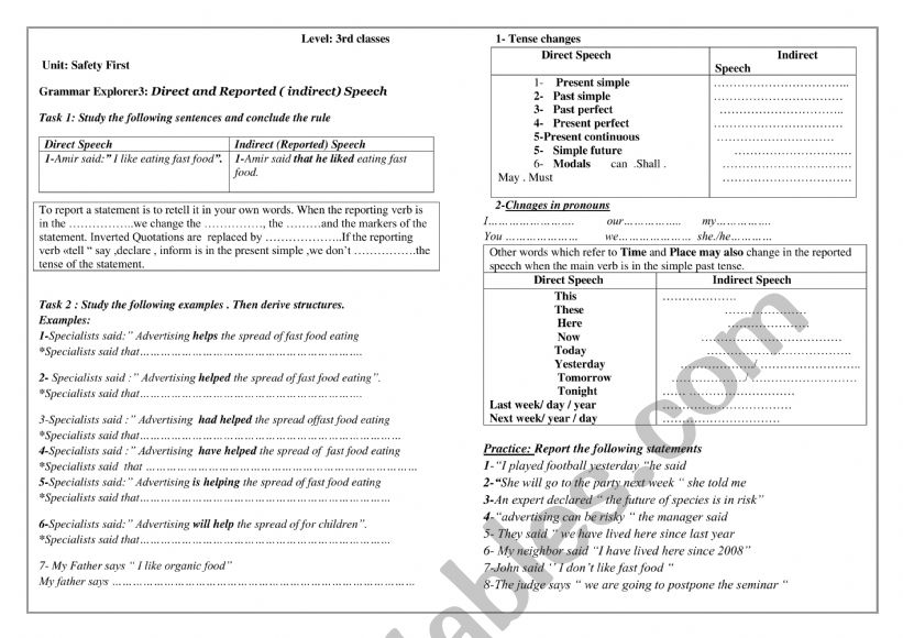 direct speech worksheet