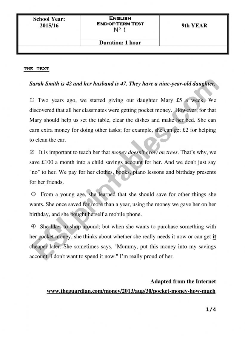 9th Year End-of-Term Test 1 worksheet