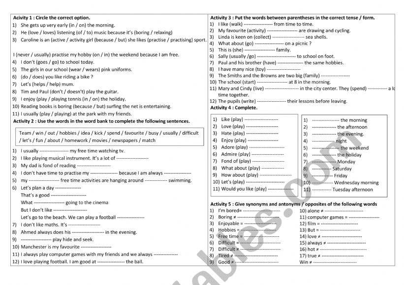 unit one entertainment  worksheet