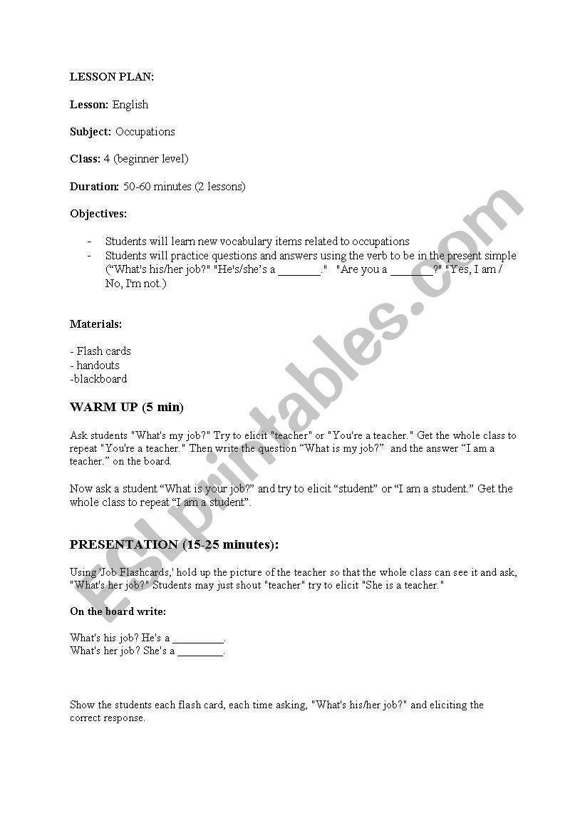 Lesson plan Occupations worksheet