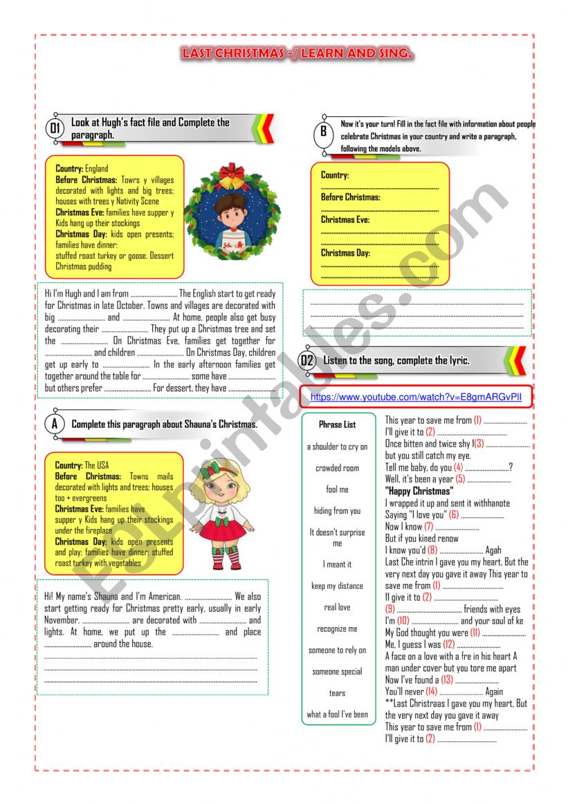 Christmas reading and song worksheet