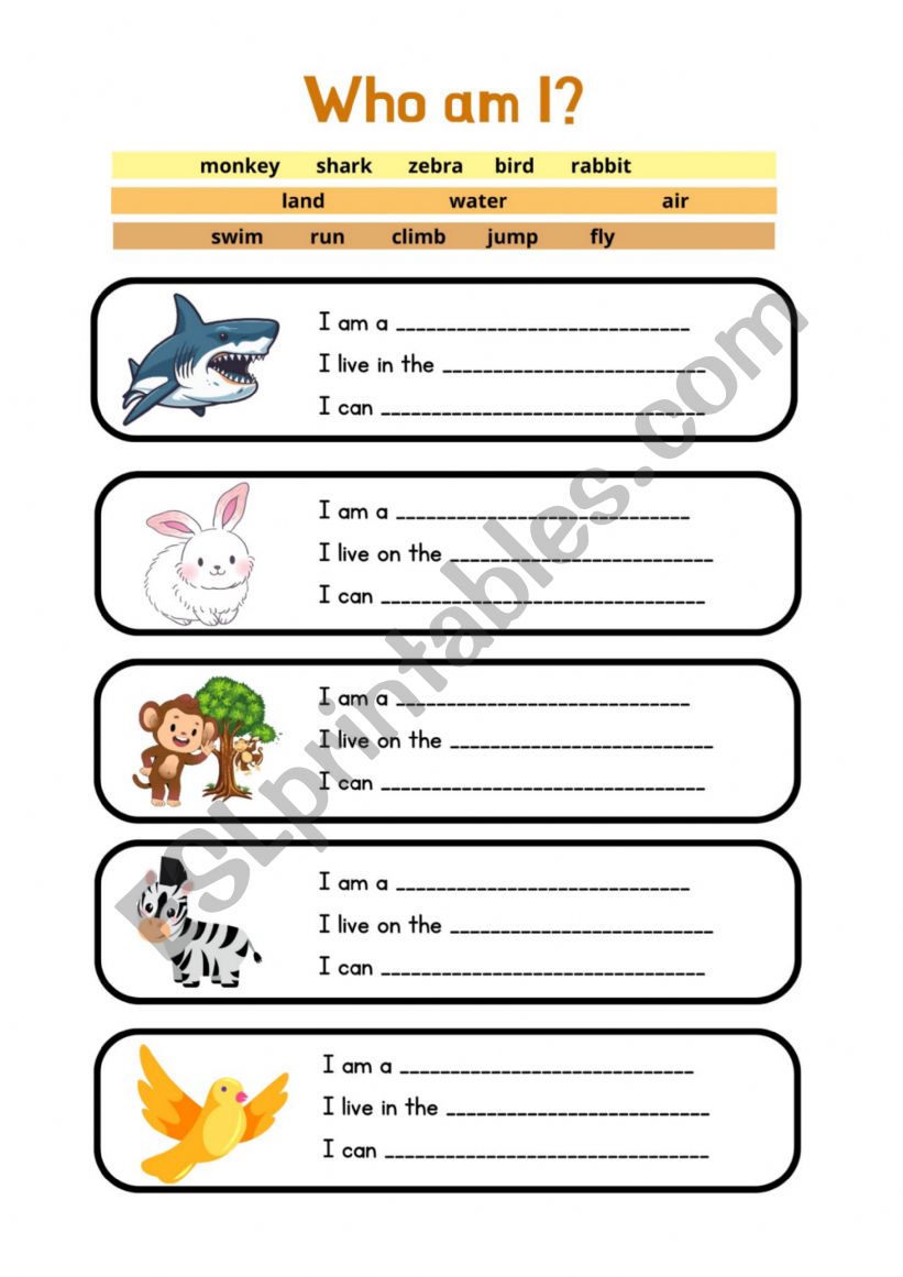 Animal Guess - Who am I? worksheet