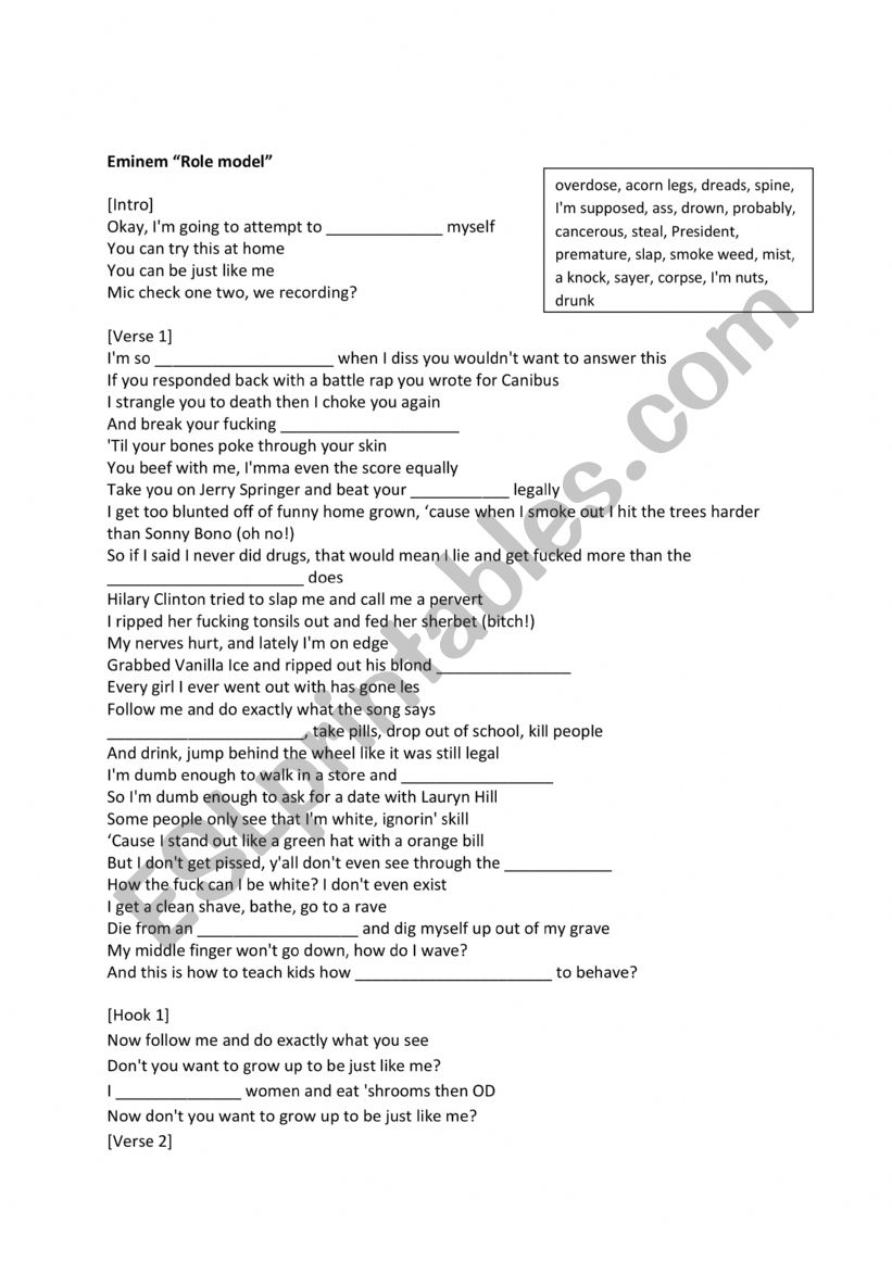 Eminem Role model worksheet