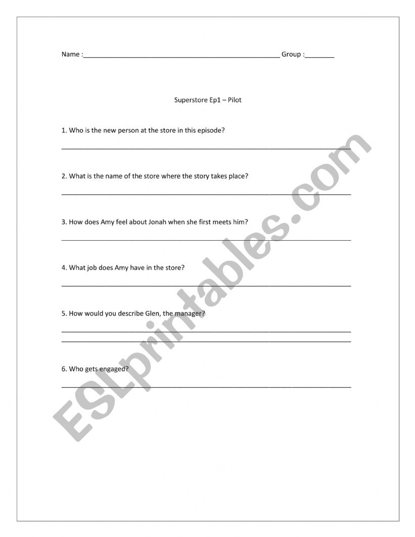 Superstore Episode 1 worksheet