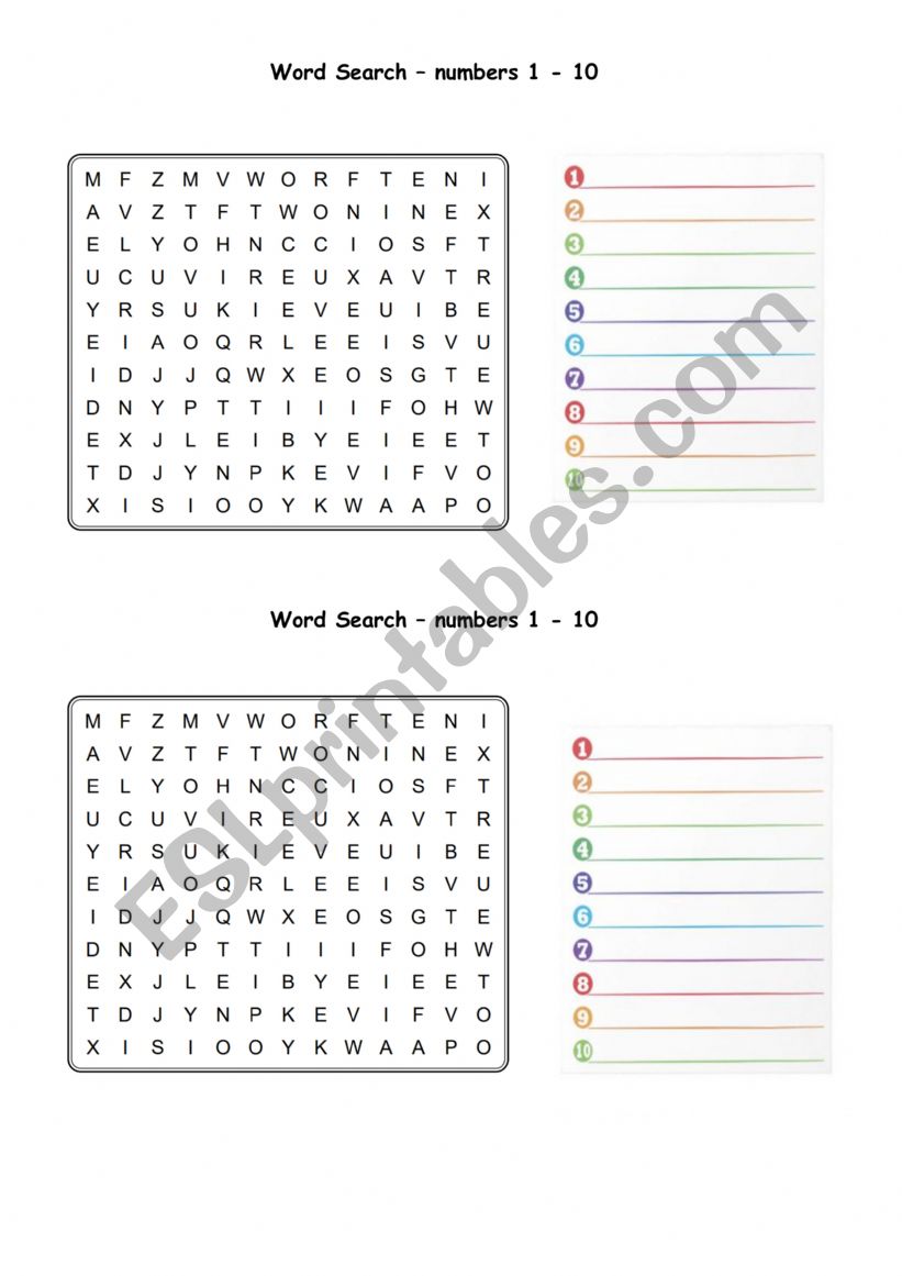word search - numbers 1 - 10 worksheet
