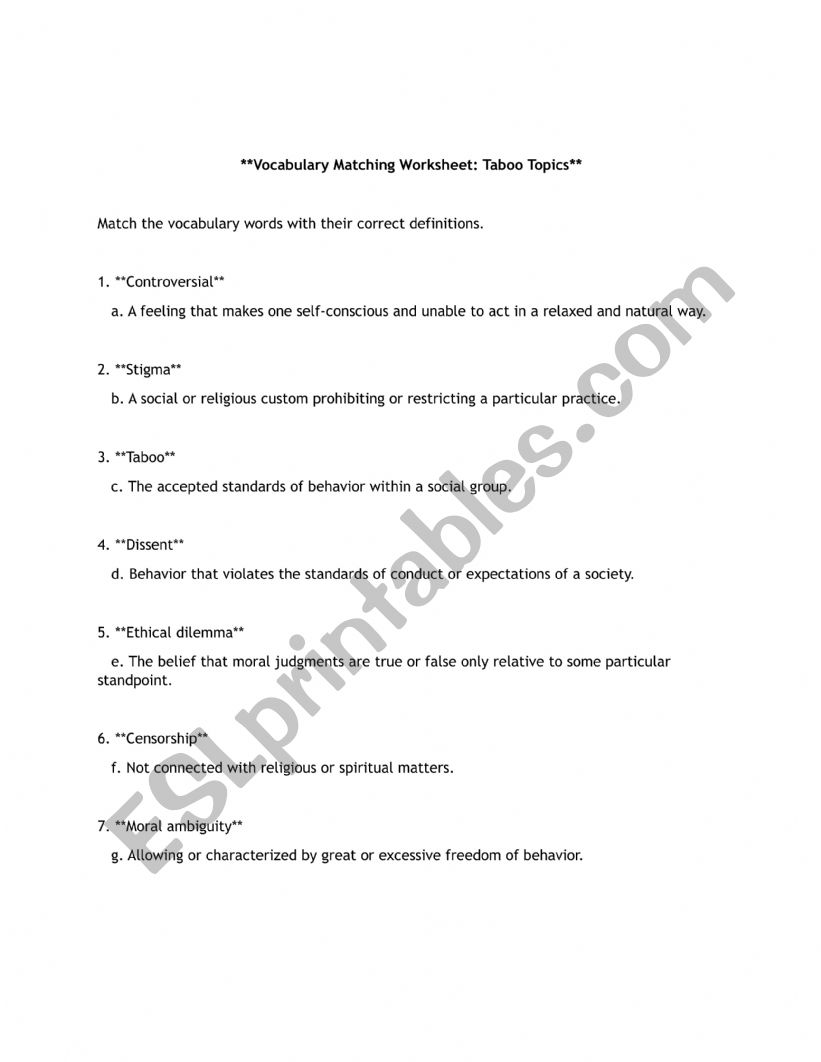 Taboo Vocaublary Worksheet worksheet