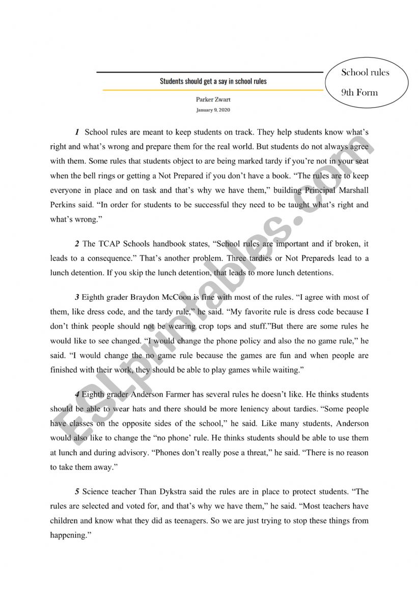 School rules worksheet