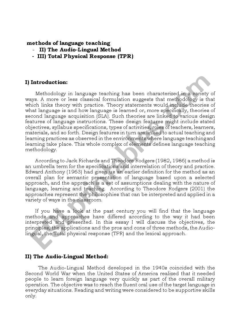 methods of language teaching worksheet