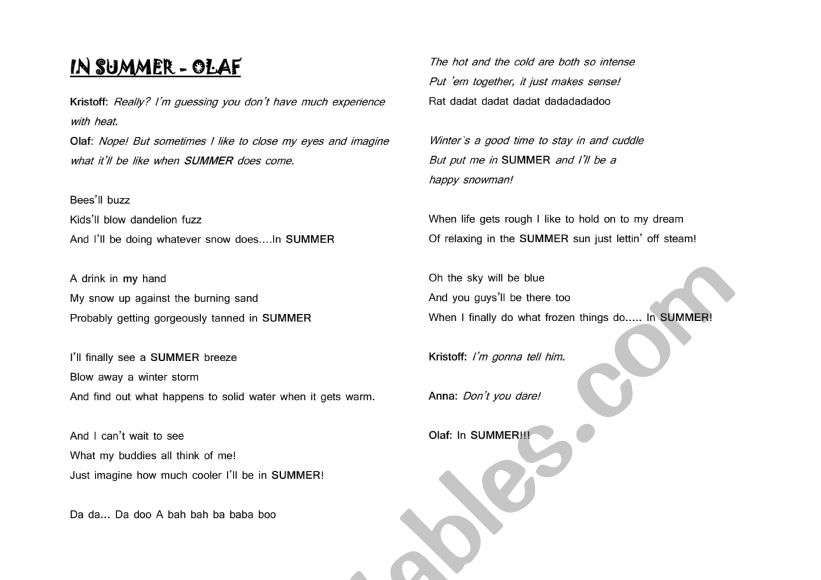 in summer worksheet