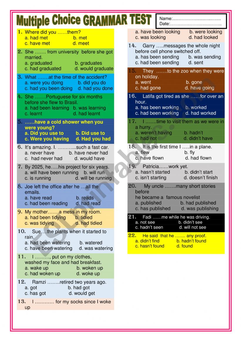 Mid Term  Grammar Test worksheet