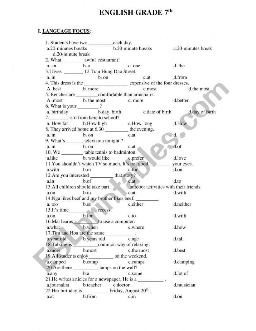 REVISION worksheet