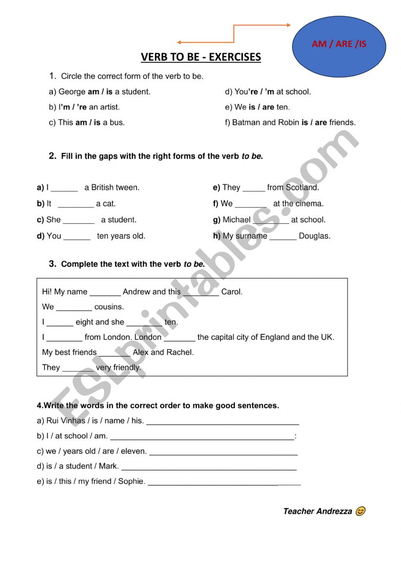 VERB TO BE - AFFIRMATIVE FORM worksheet