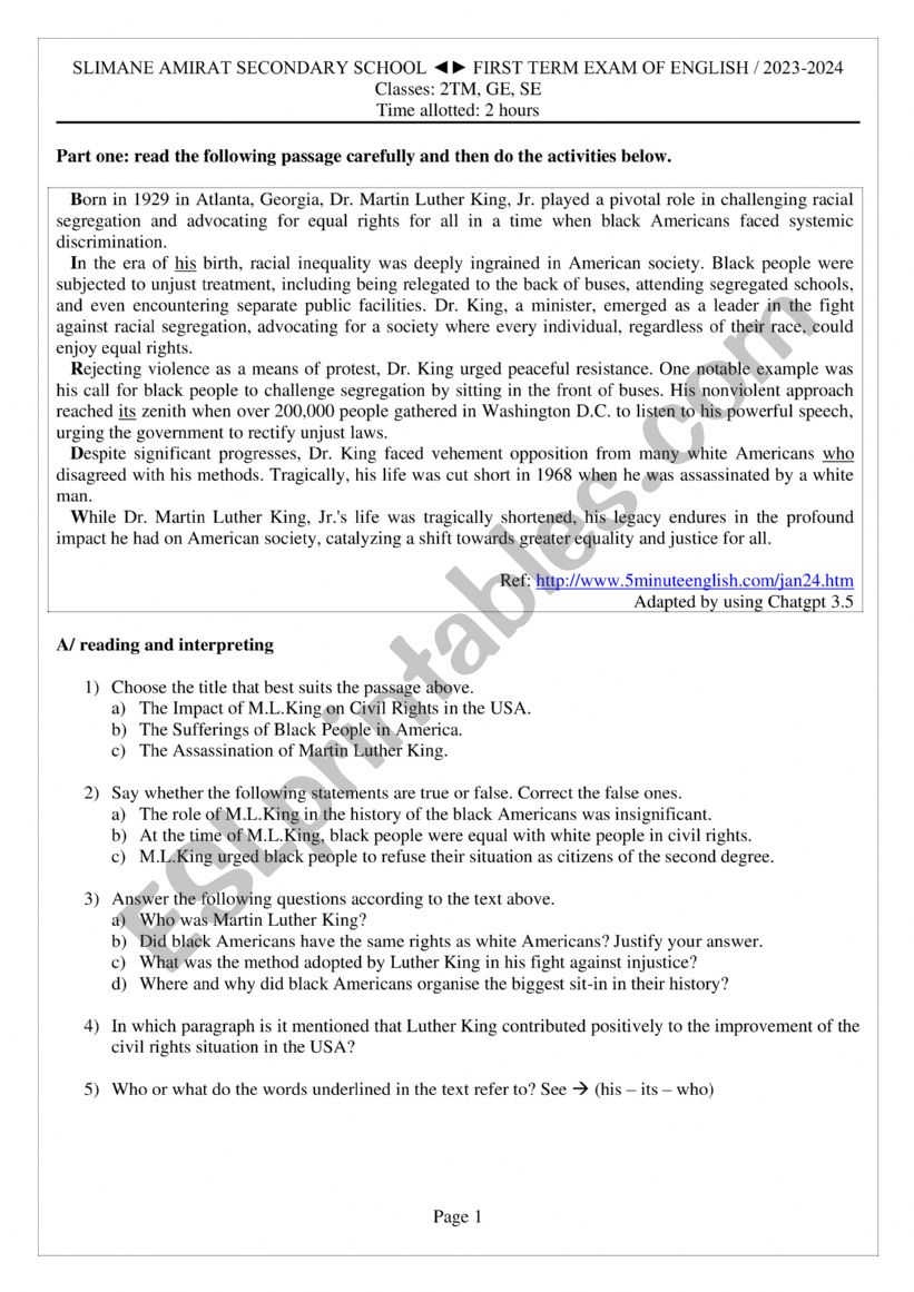 First Term Exam of English (2TM, 2GE, 2SE)