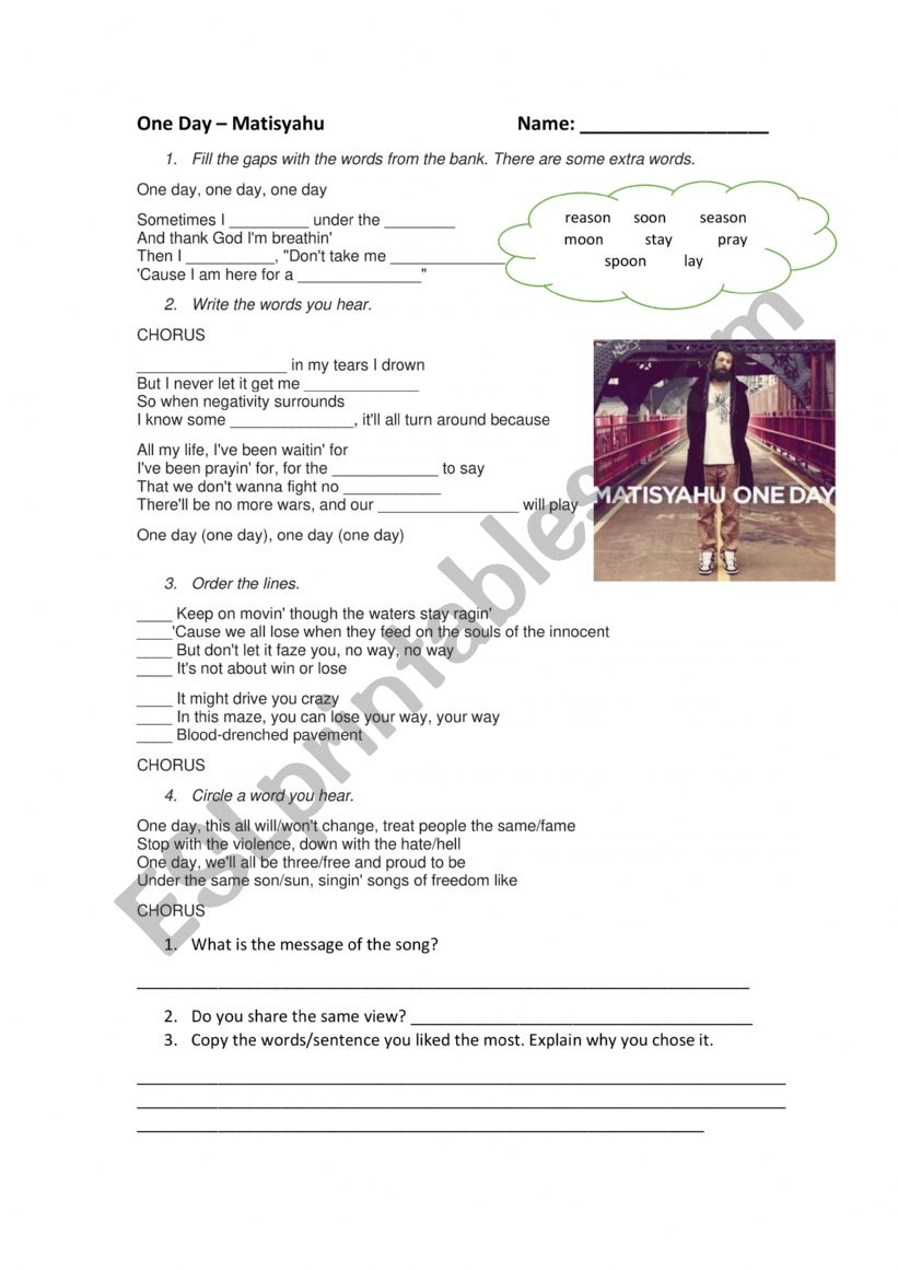 One Day Song Worksheet worksheet