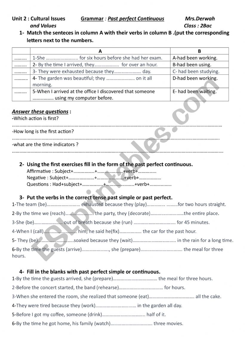 Past perfect continuous worksheet