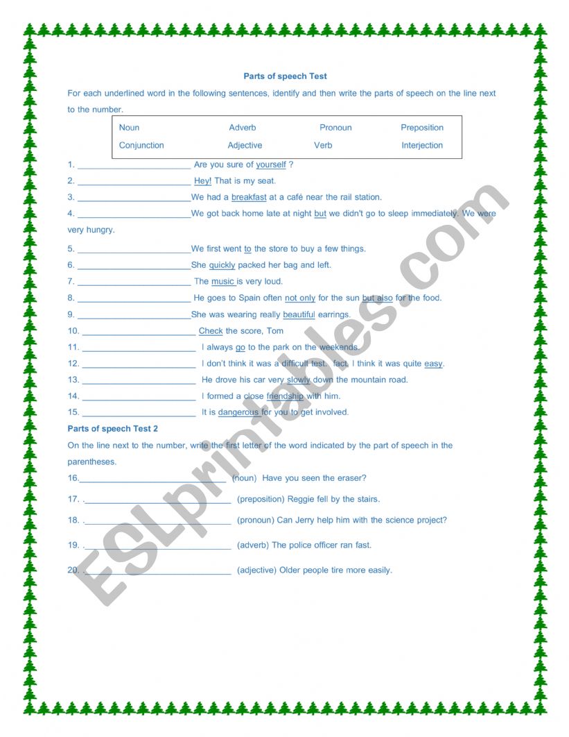 Parts of speech worksheet