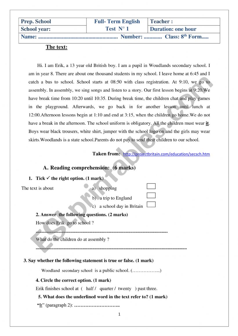 8th form end of term test 1 worksheet