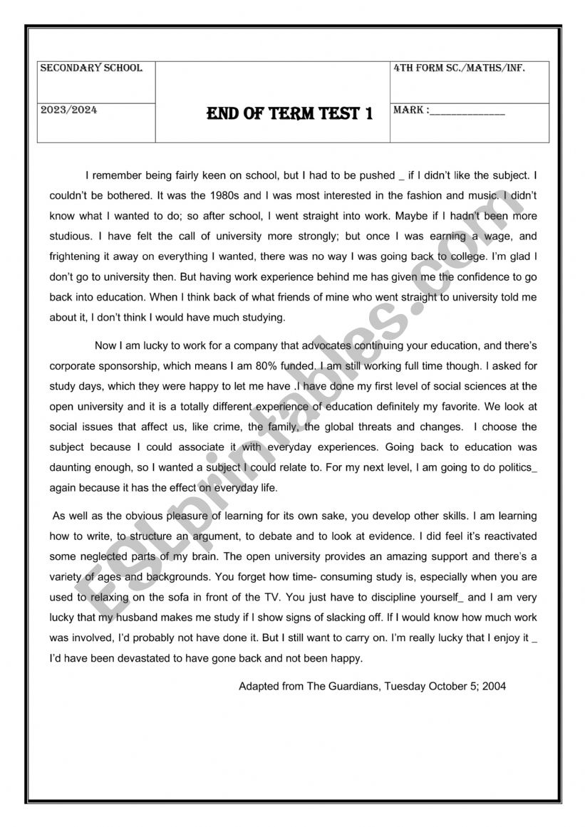 End of Term TEST N1 4th form worksheet