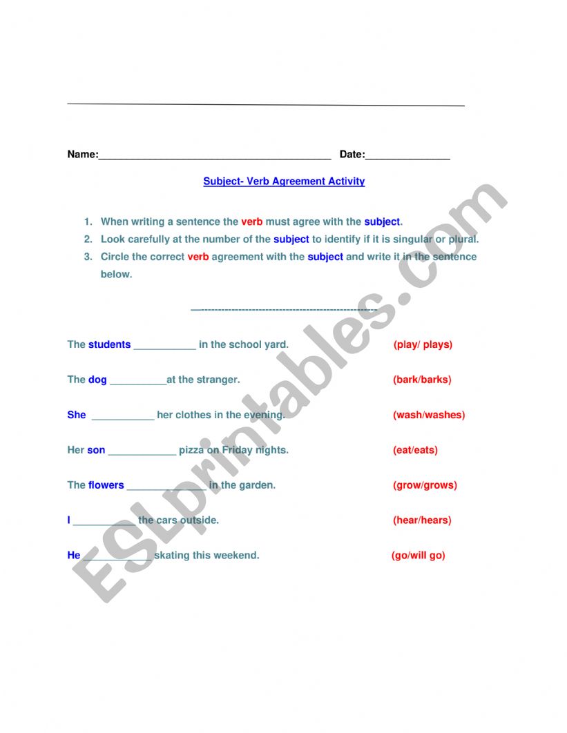 Subject Verb Agreement worksheet