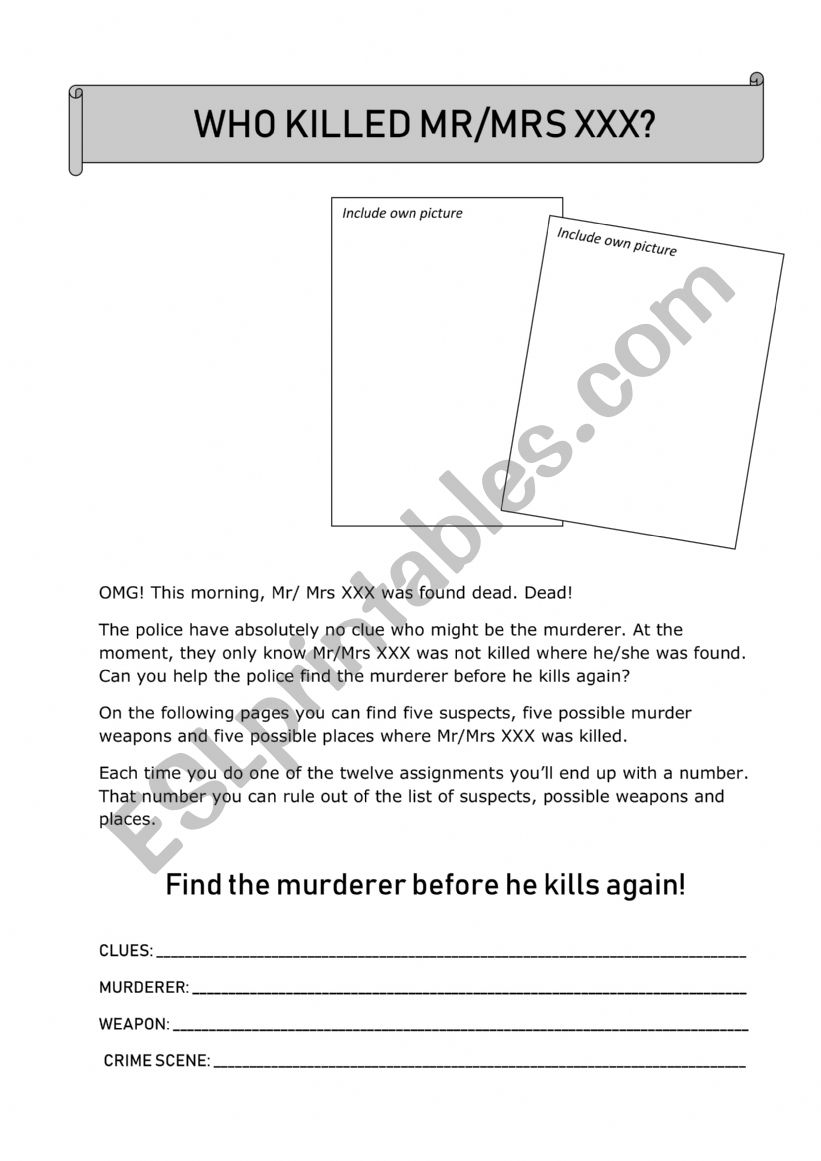 WHO KILLED MR/MRS XXX? worksheet