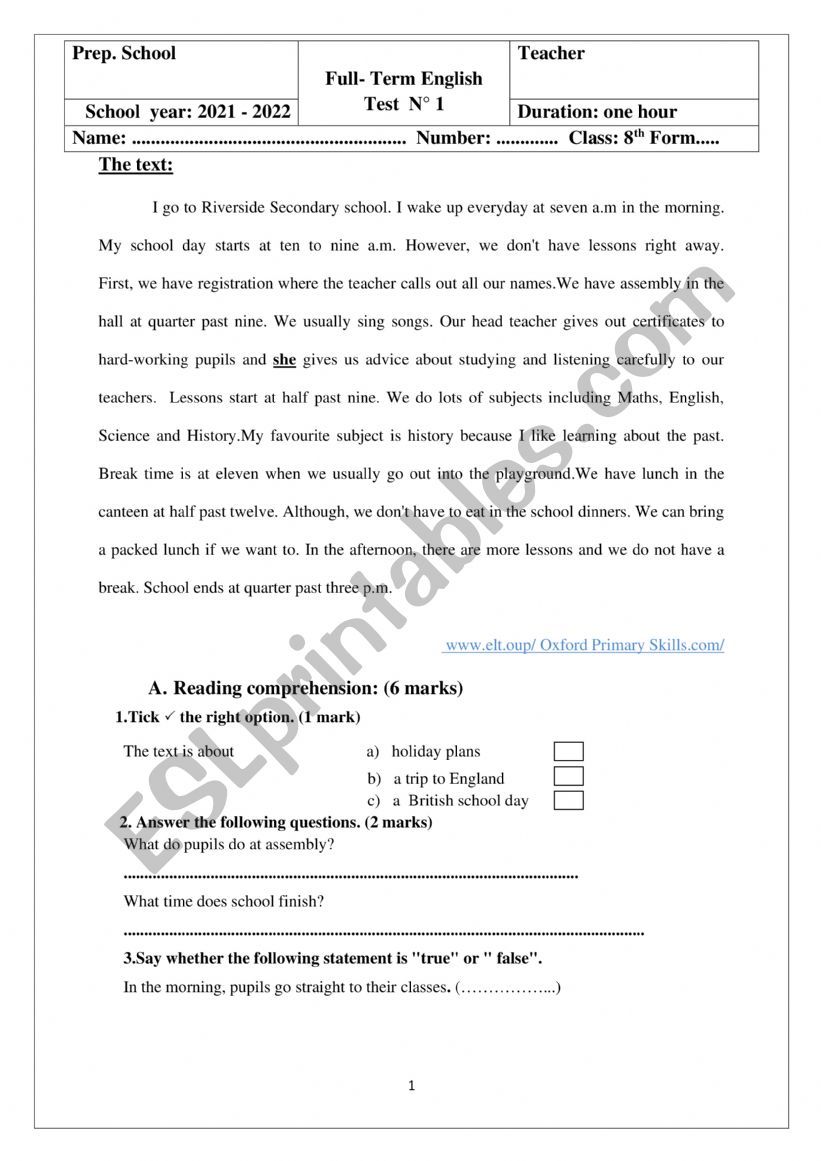 end of term test 1 8th worksheet