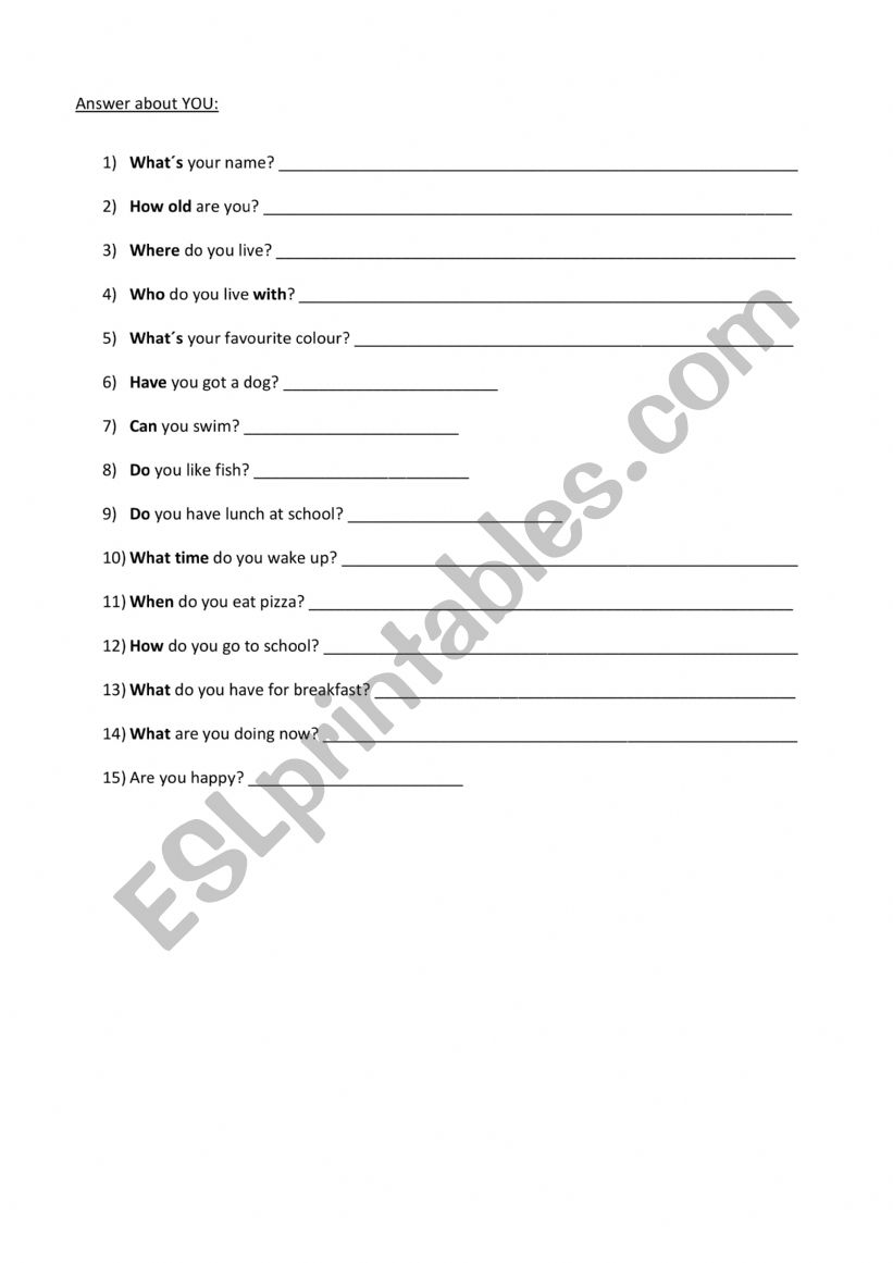 ANSWER ABOUT YOU worksheet