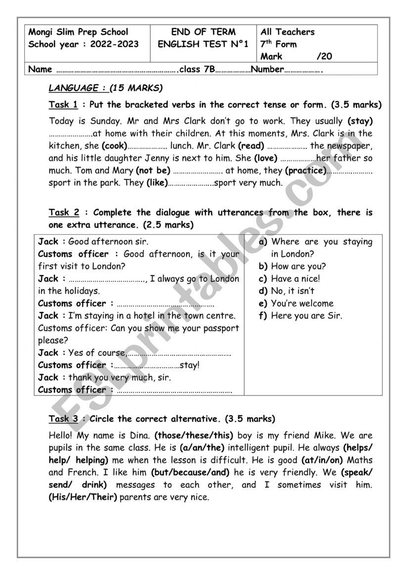 7th end of term test n1 worksheet