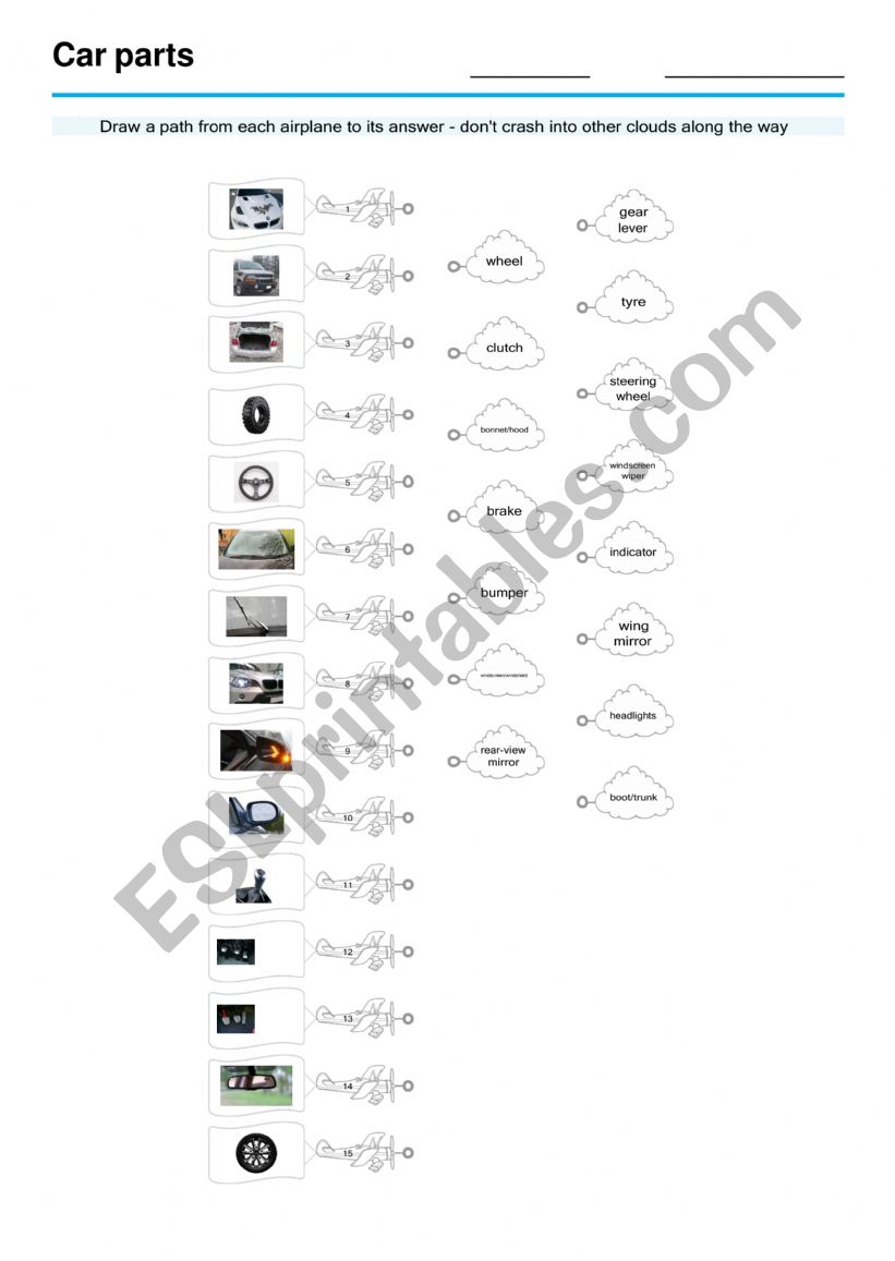 Car parts worksheet