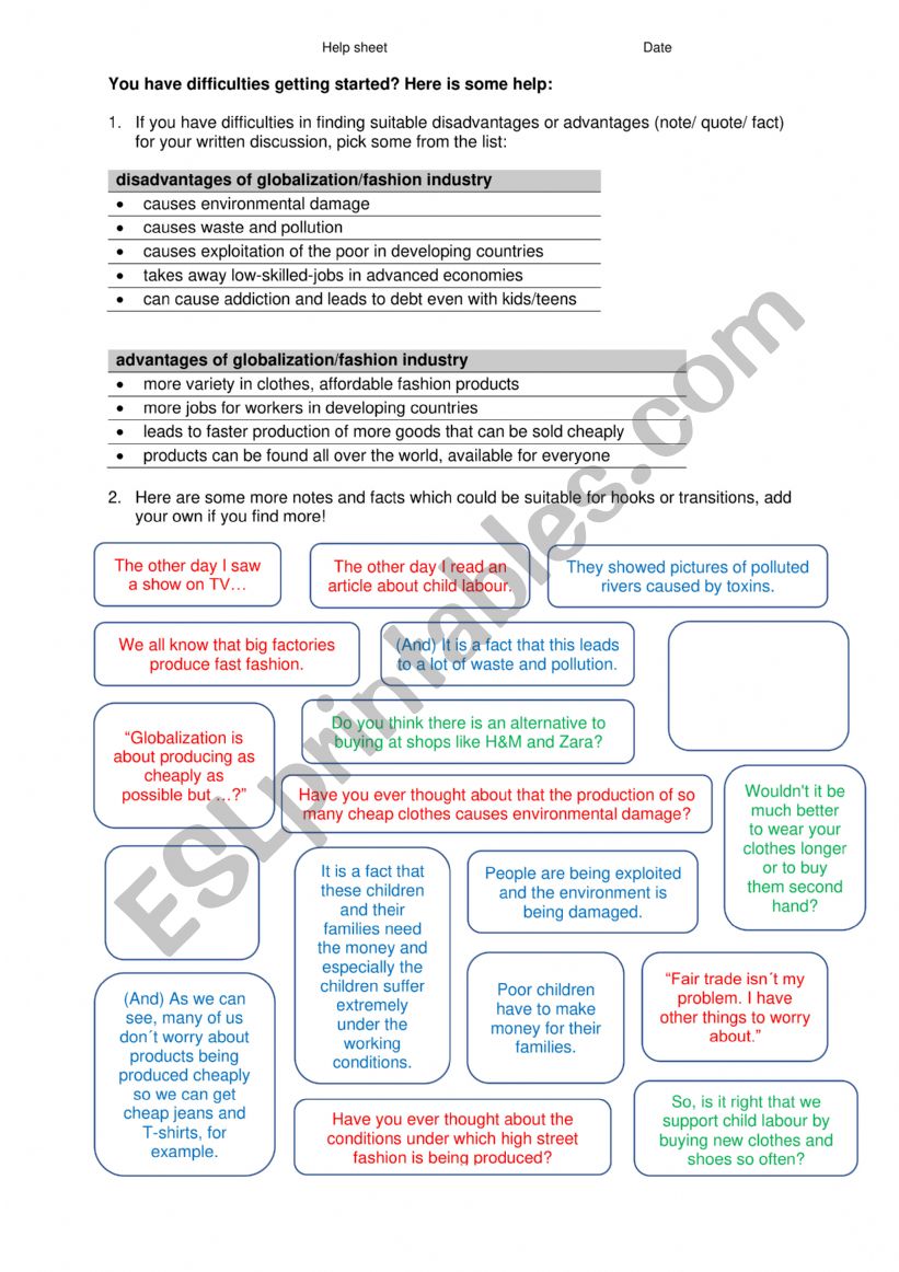 Help Sheet for discussion writing: arguments and hooks - topic: globalization and the fashion industry