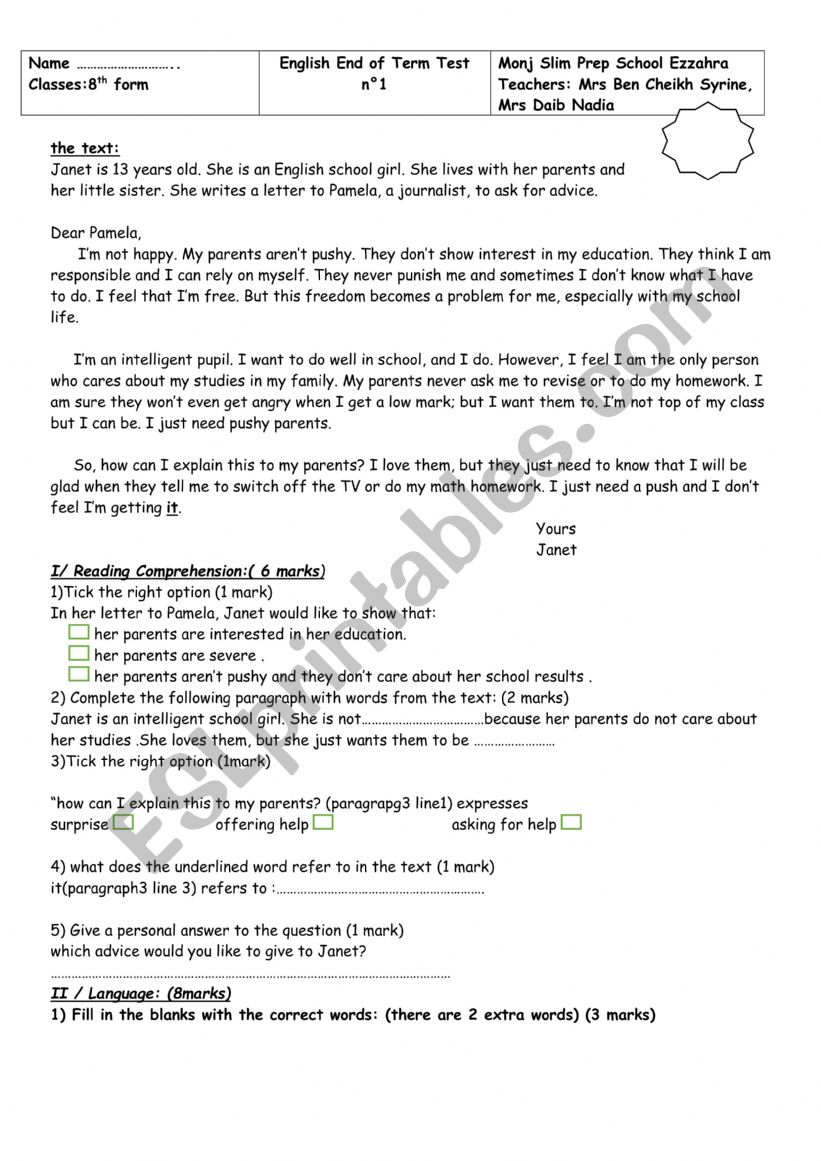 8 th form end of term test n°1 