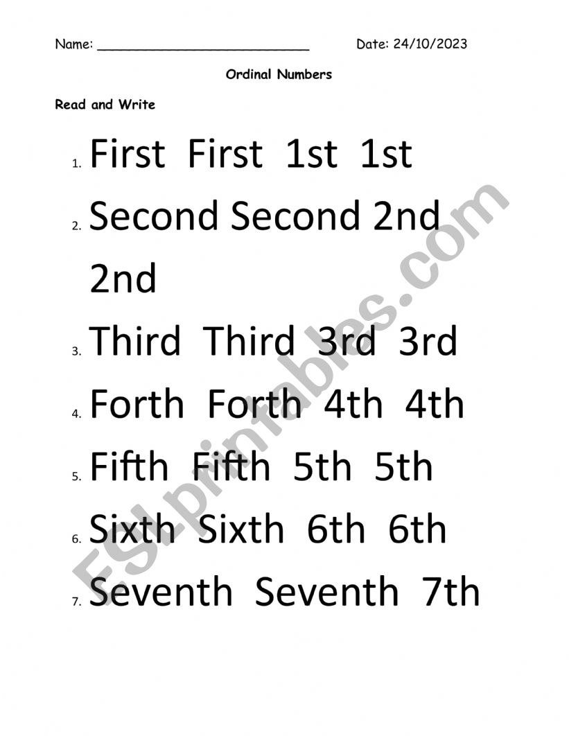 Ordinal Numbers worksheet