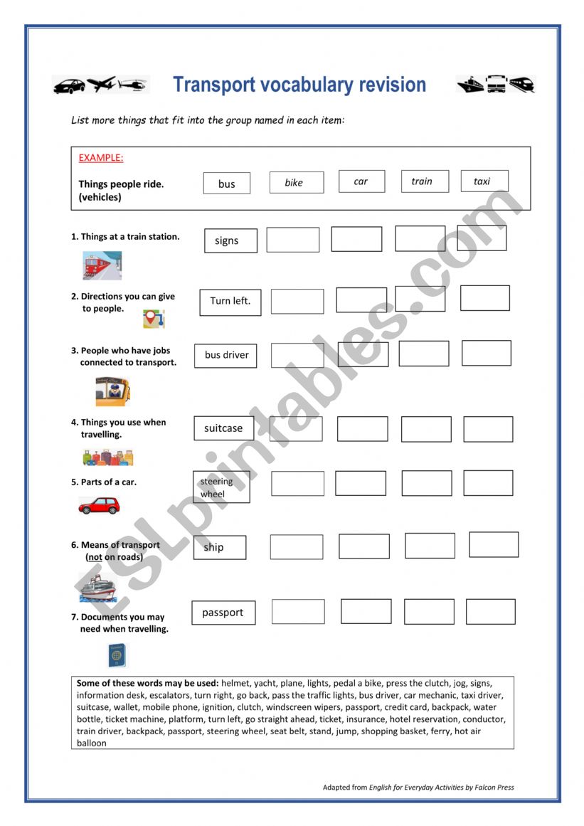 Transport Vocabulary Revision worksheet