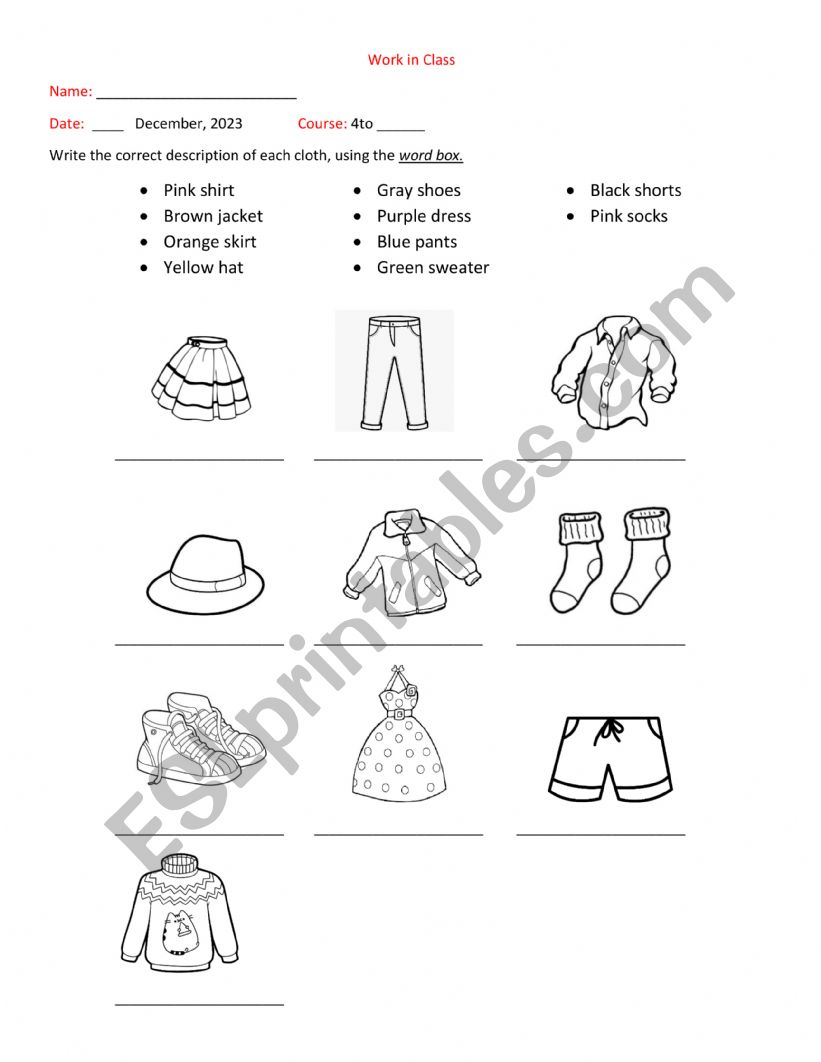 Color and Clothes worksheet