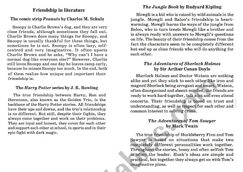 Friendship in literature worksheet