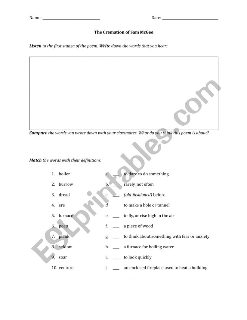The Cremation of Sam McGee - listening worksheet