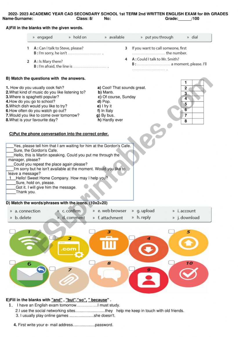 8th grade exam worksheet