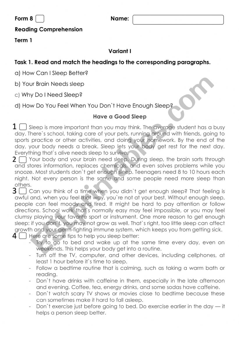 Reading Comprehension worksheet