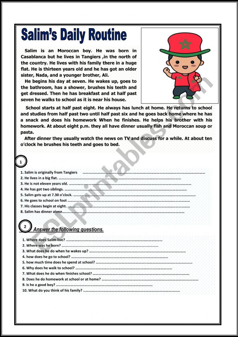 Salim�s Daily Routine worksheet