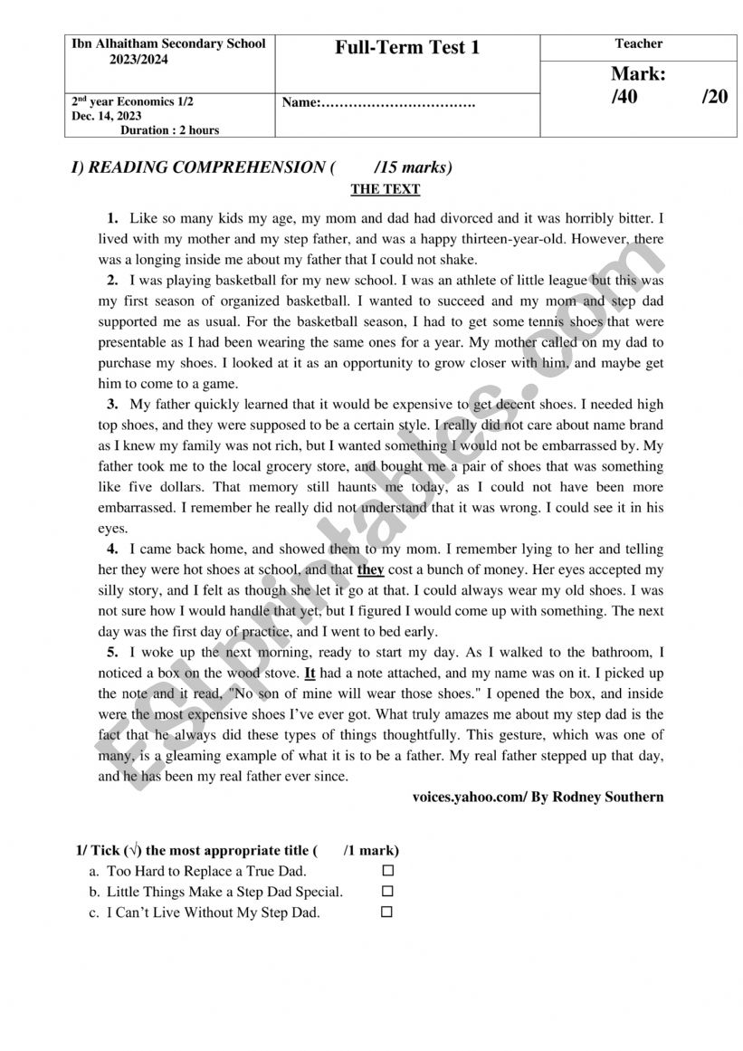 full term test 1 2nd year eco worksheet