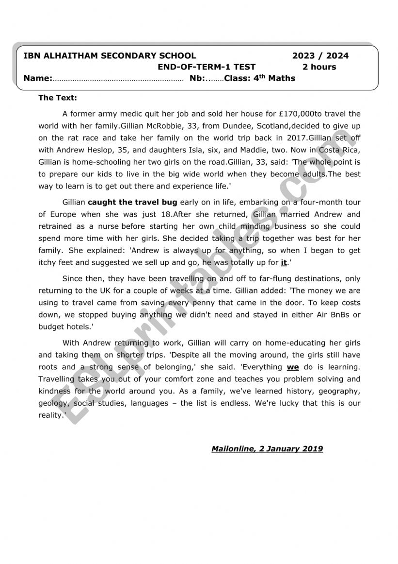 End of term test 1 4th Maths worksheet