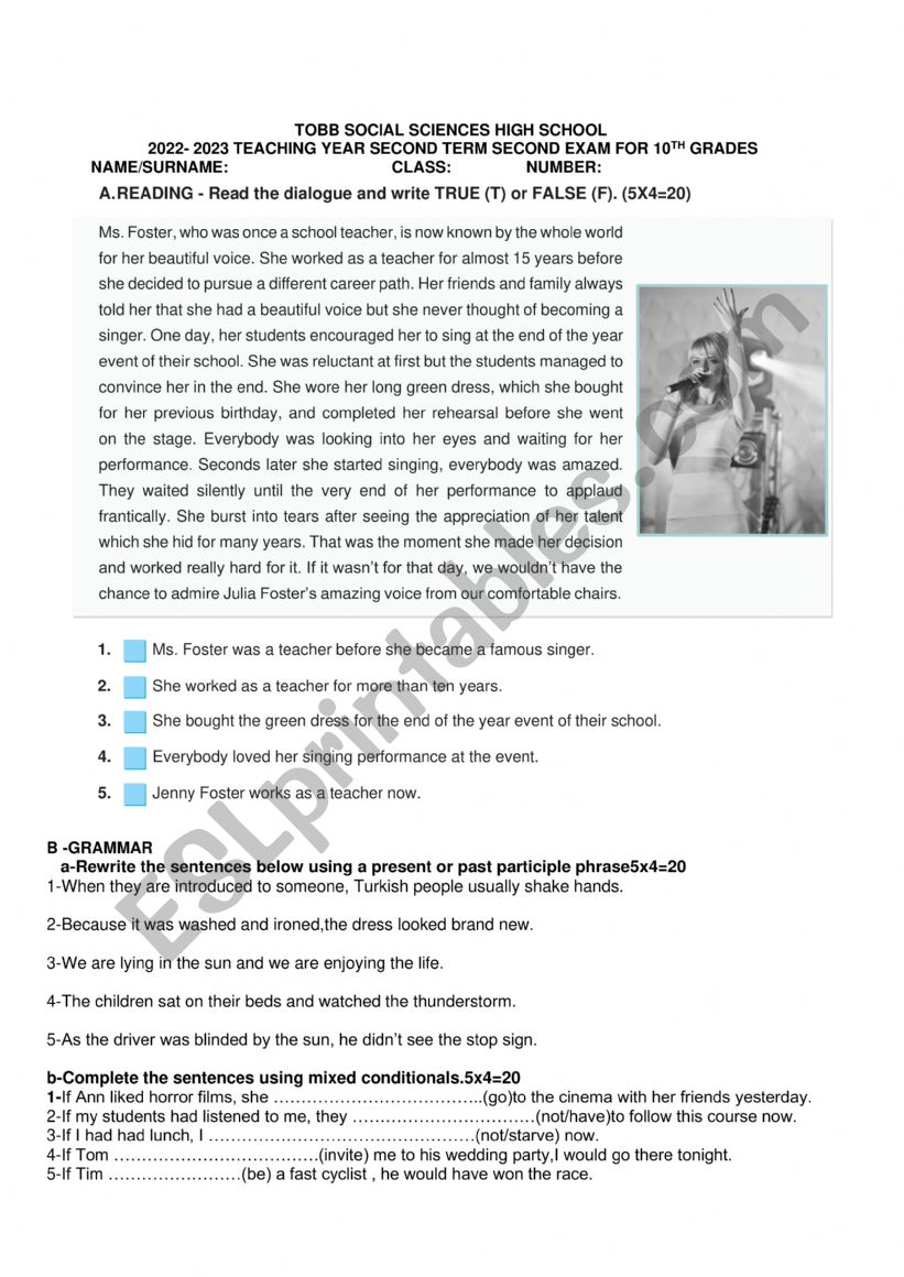 Example of an English exam worksheet