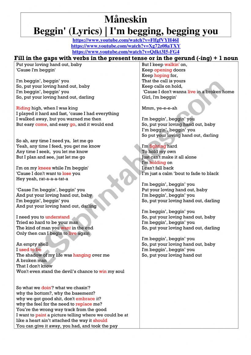 Mneskin - Im begging worksheet