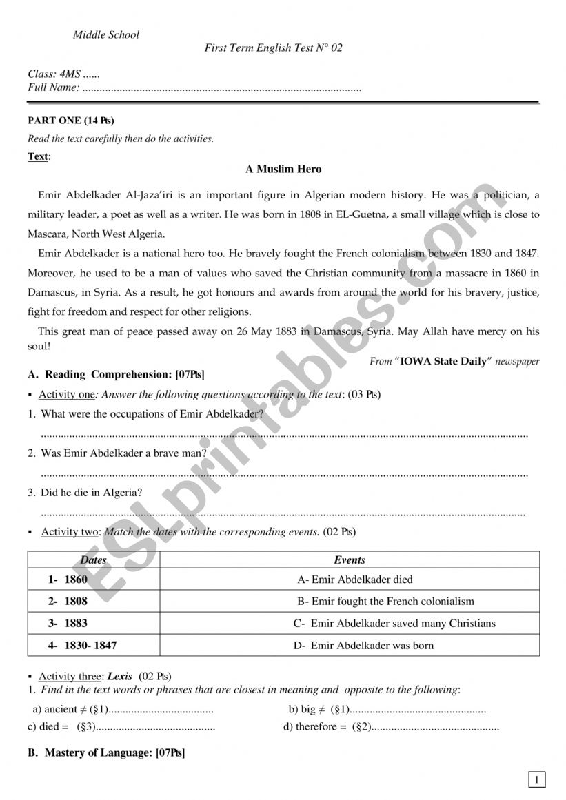 the First Test  worksheet