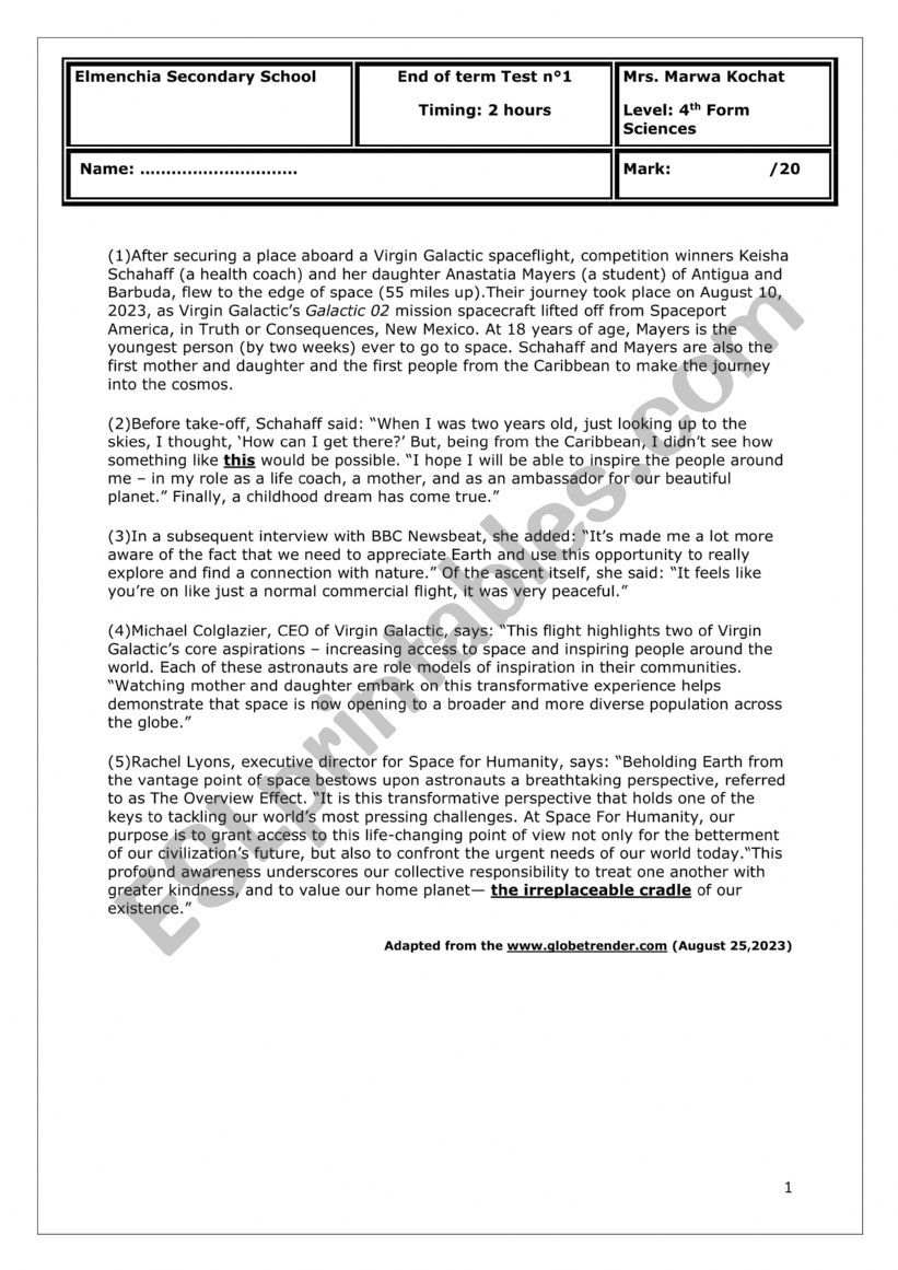 BAC end of term exam n1 worksheet