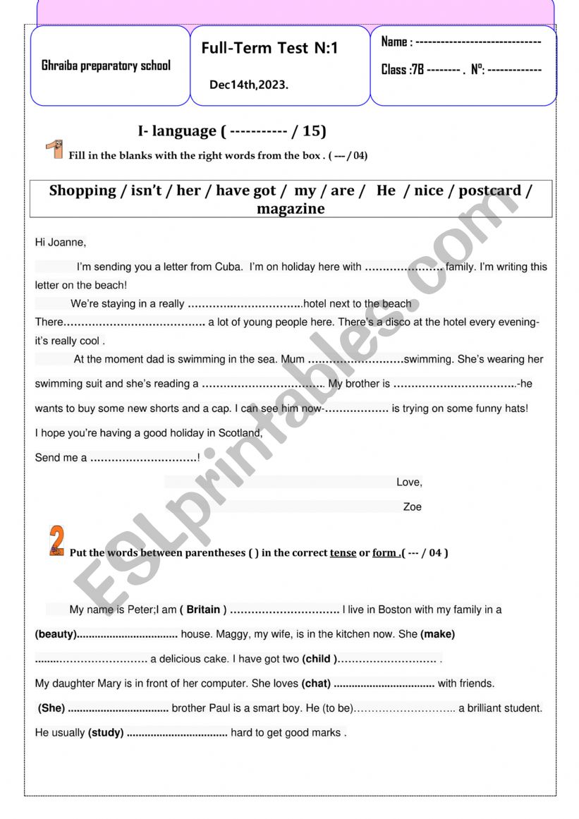 full term test 1 7th form worksheet