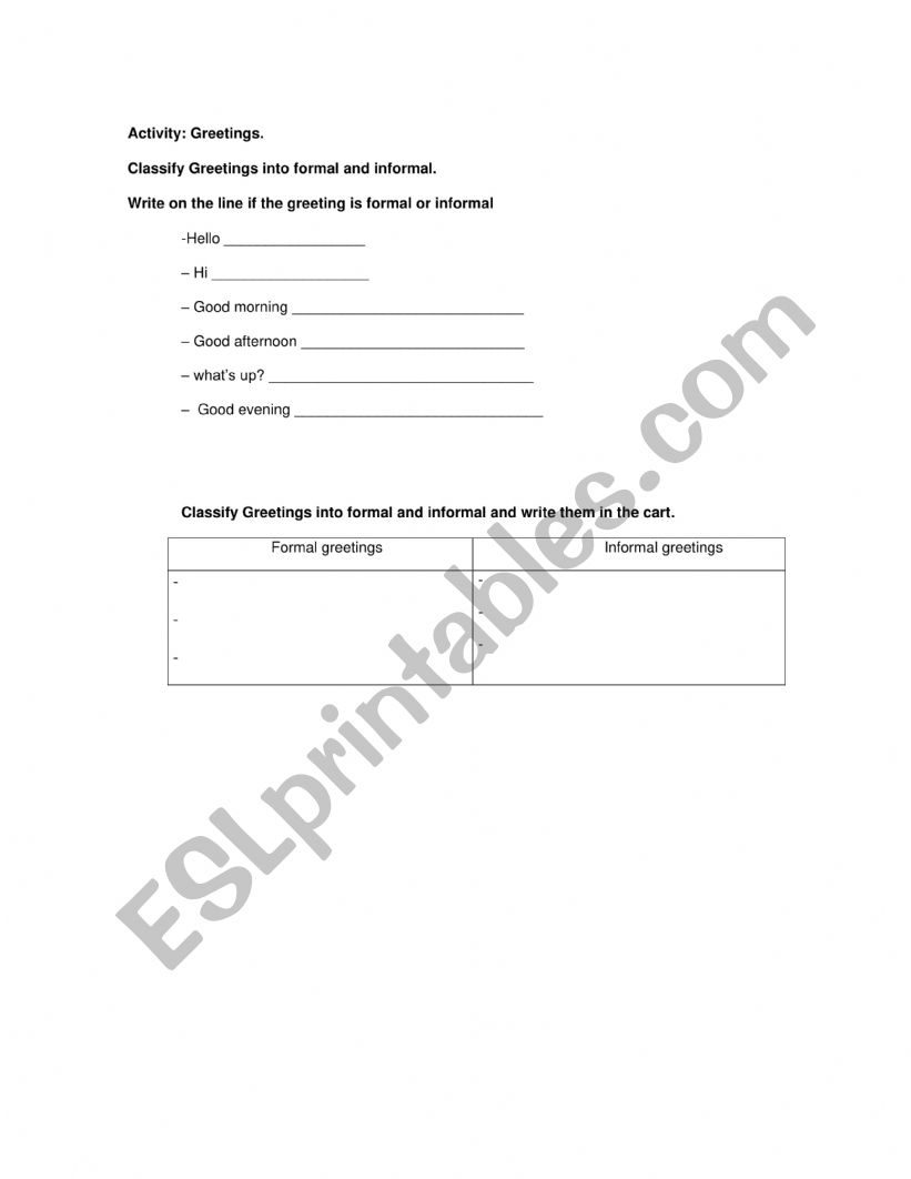 Greetings worksheet