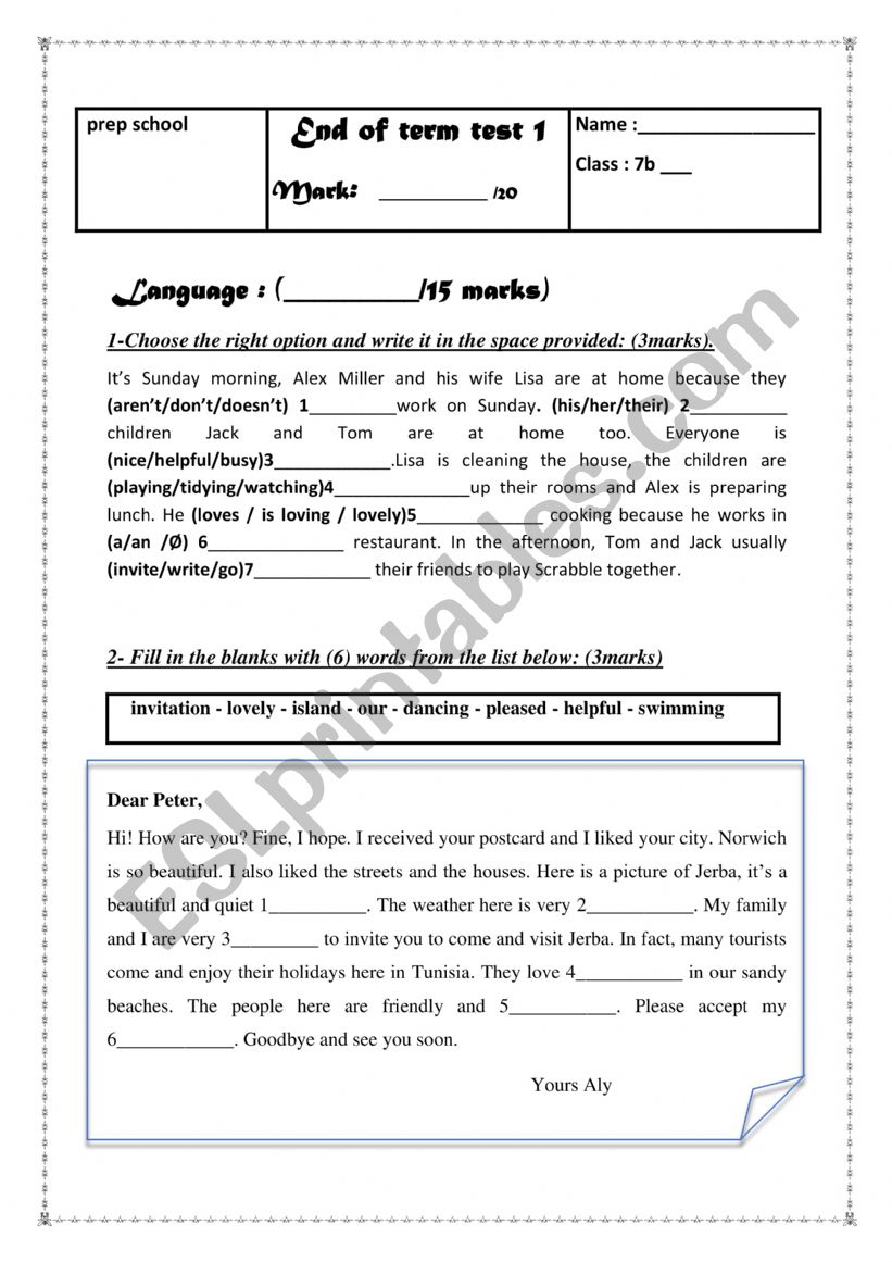 end of term test n° 1 7th form - ESL worksheet by hadhouda